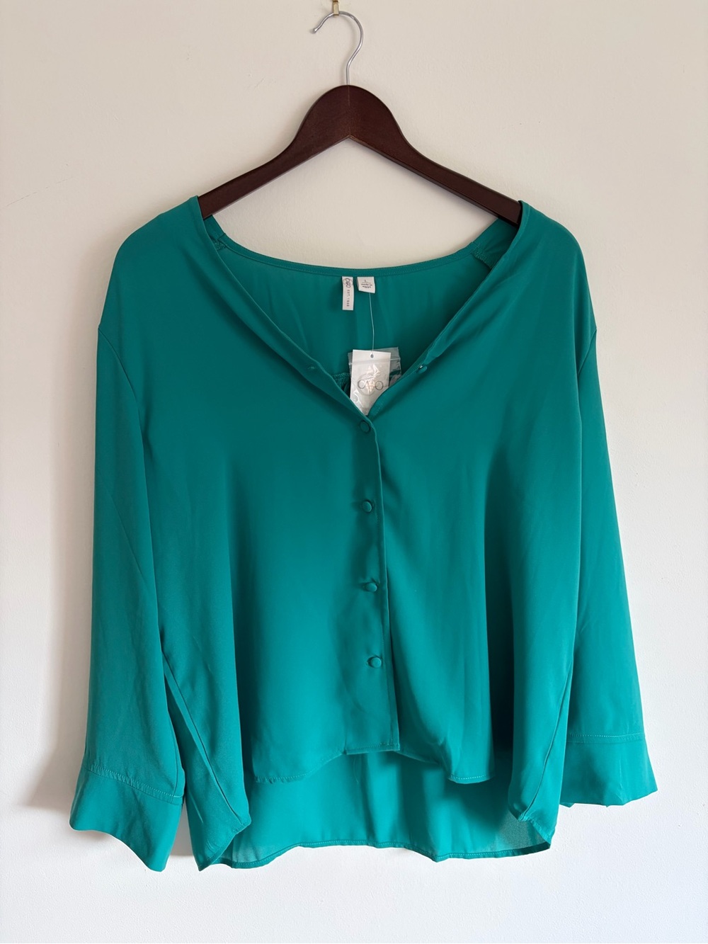 Cato Teal Button-Front V-Neck Blouse 3/4 sleeve